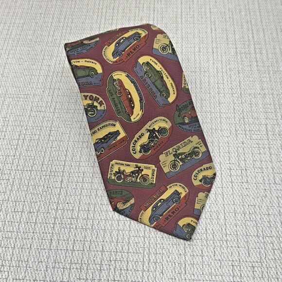 Faconnable Maroon Vintage Cars Motorcycle Silk Tie Handmade in France - Picture 1 of 5
